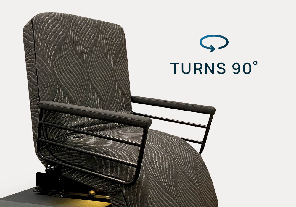 An Independence Bed shown on a light gray background with a blue circular arrow icon and the text 'TURNS 90°'.