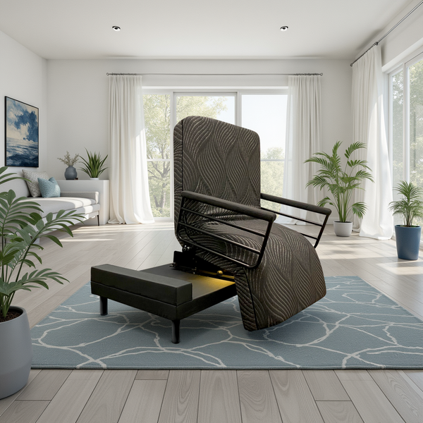 A luxurious Independence Adjustable Chair Bed within its SIT position, inside a modern living space