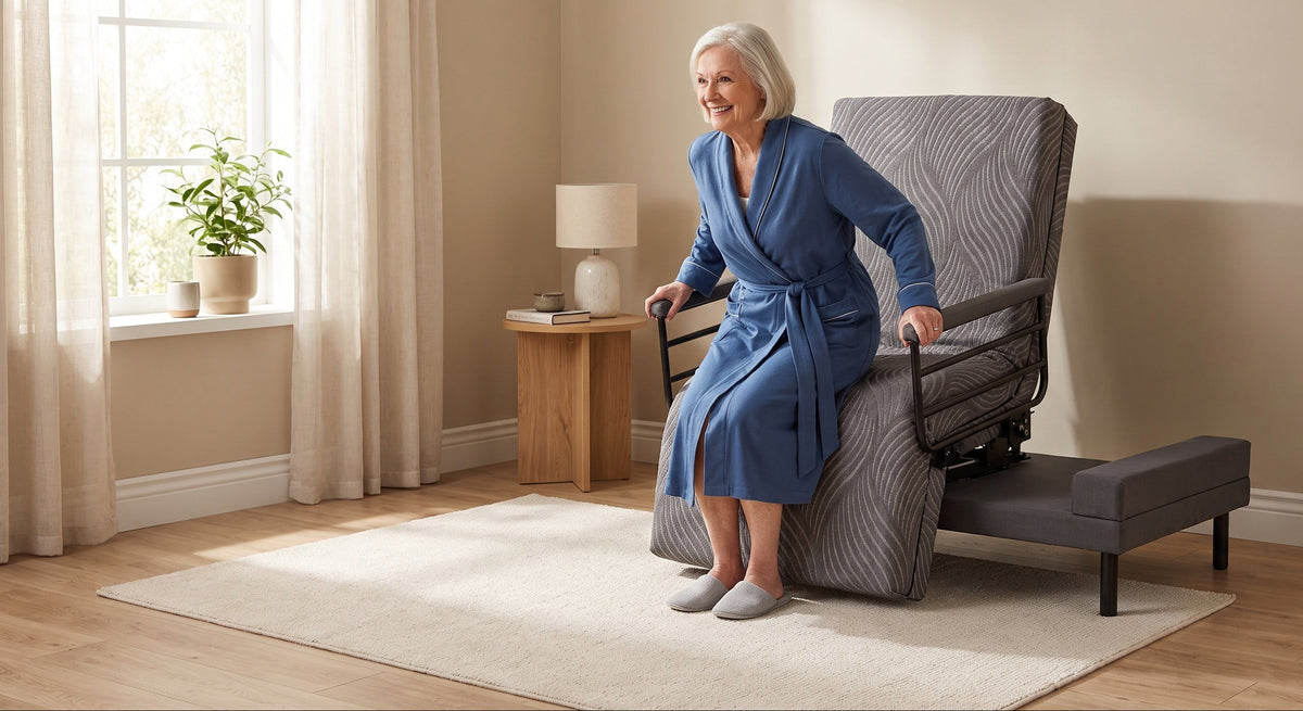 A smiling older woman in a blue robe sits on an Independence Bed with a matching footrest in a bright, neutral-toned room.